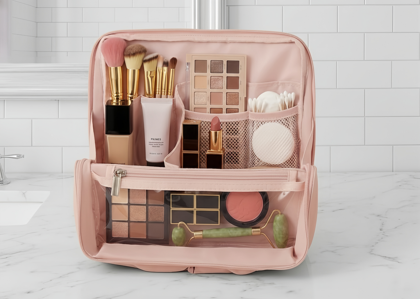 Stand up travel makeup bag set